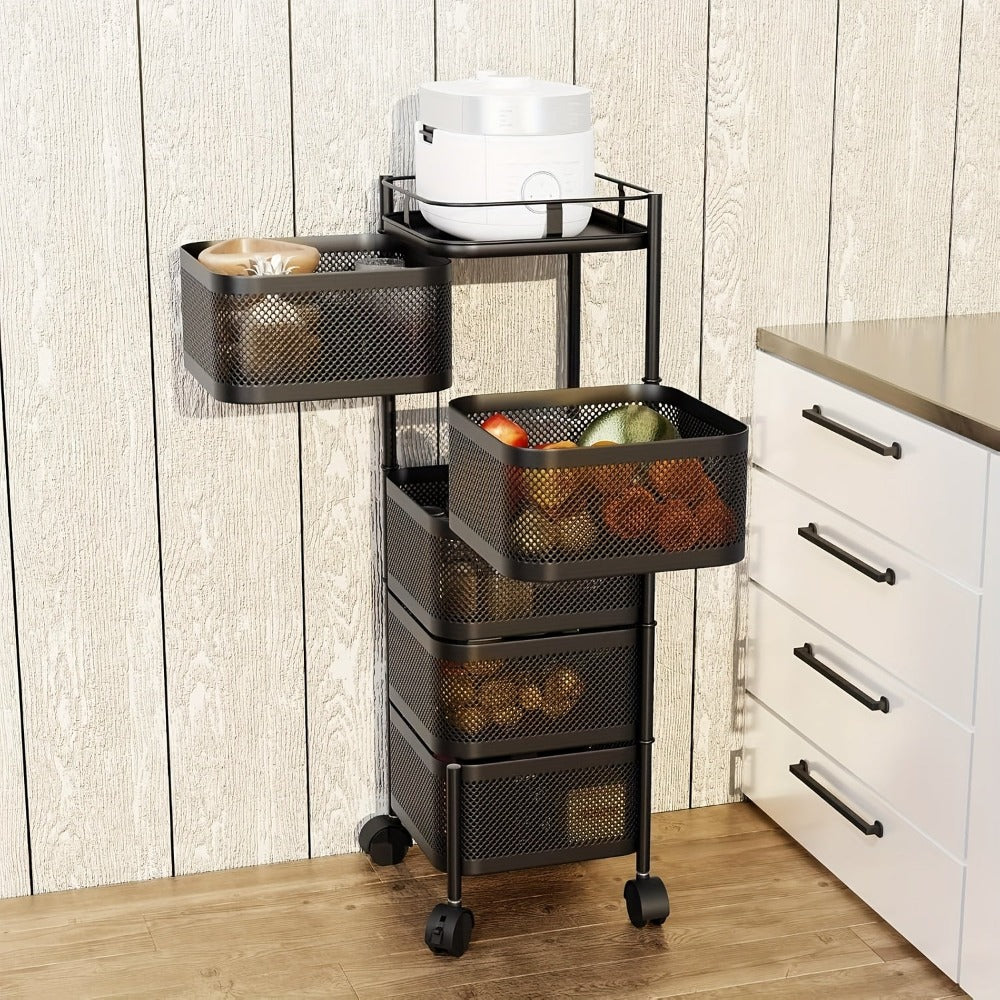 Carro Giratorio de Cocina de 5 Niveles con Ruedas, Unidad de Estantería Móvil de Marco Metálico Grande, Ideal para Despensa, Portafrutas, Verduras, Ahorrador de Espacio para Uso Doméstico o Comercial, Estante de Pie