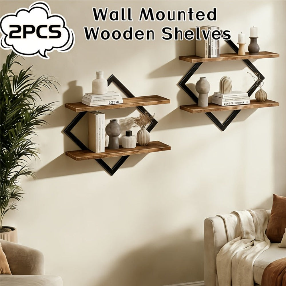 Juego de 2 Estantes de Madera Montados en la Pared - Estante de Almacenamiento Rústico Moderno de Doble Capa, Unidad de Estantería Vertical Ahorradora de Espacio Adecuada para Sala de Estar, Oficina, Dormitorio - Instalación, Madera