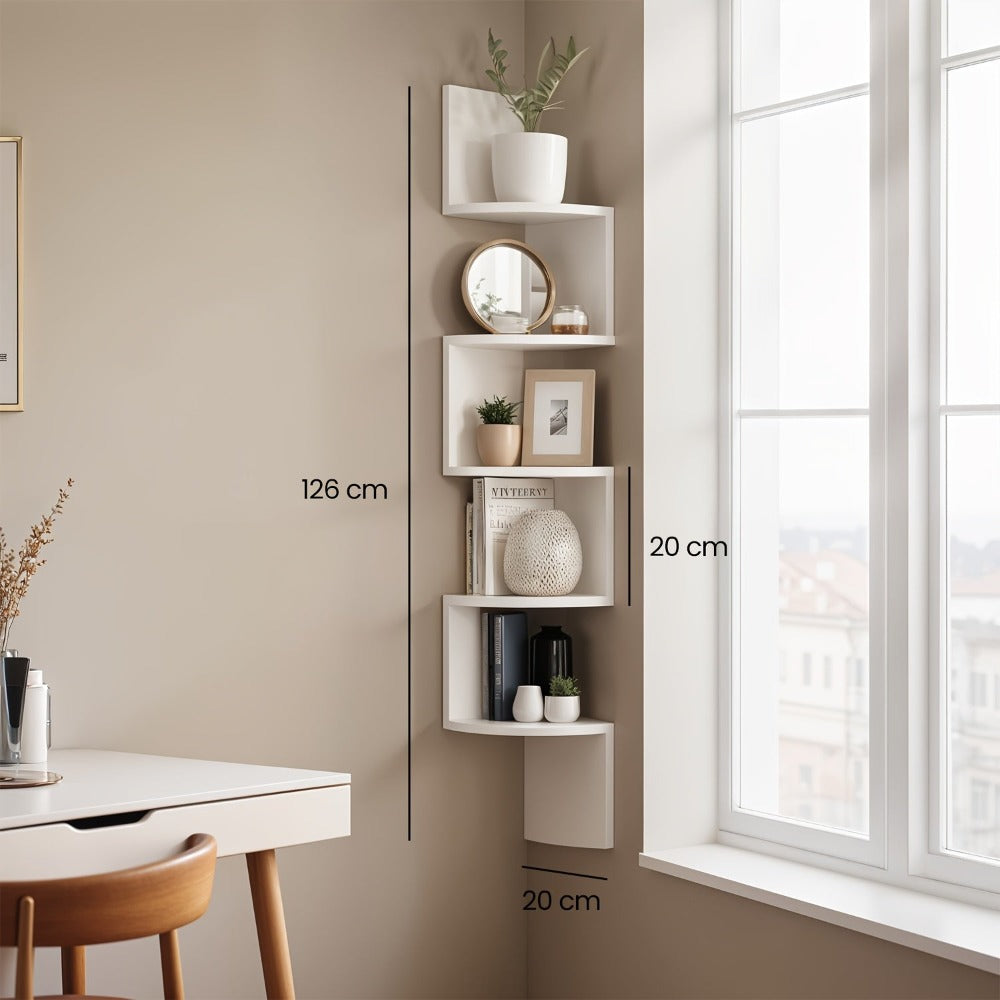 Estante esquinero de 5 niveles, estante de pared, estantería para esquinas, soporte para plantas, adecuado para dormitorio, sala de estar y baño, estantes esquineros