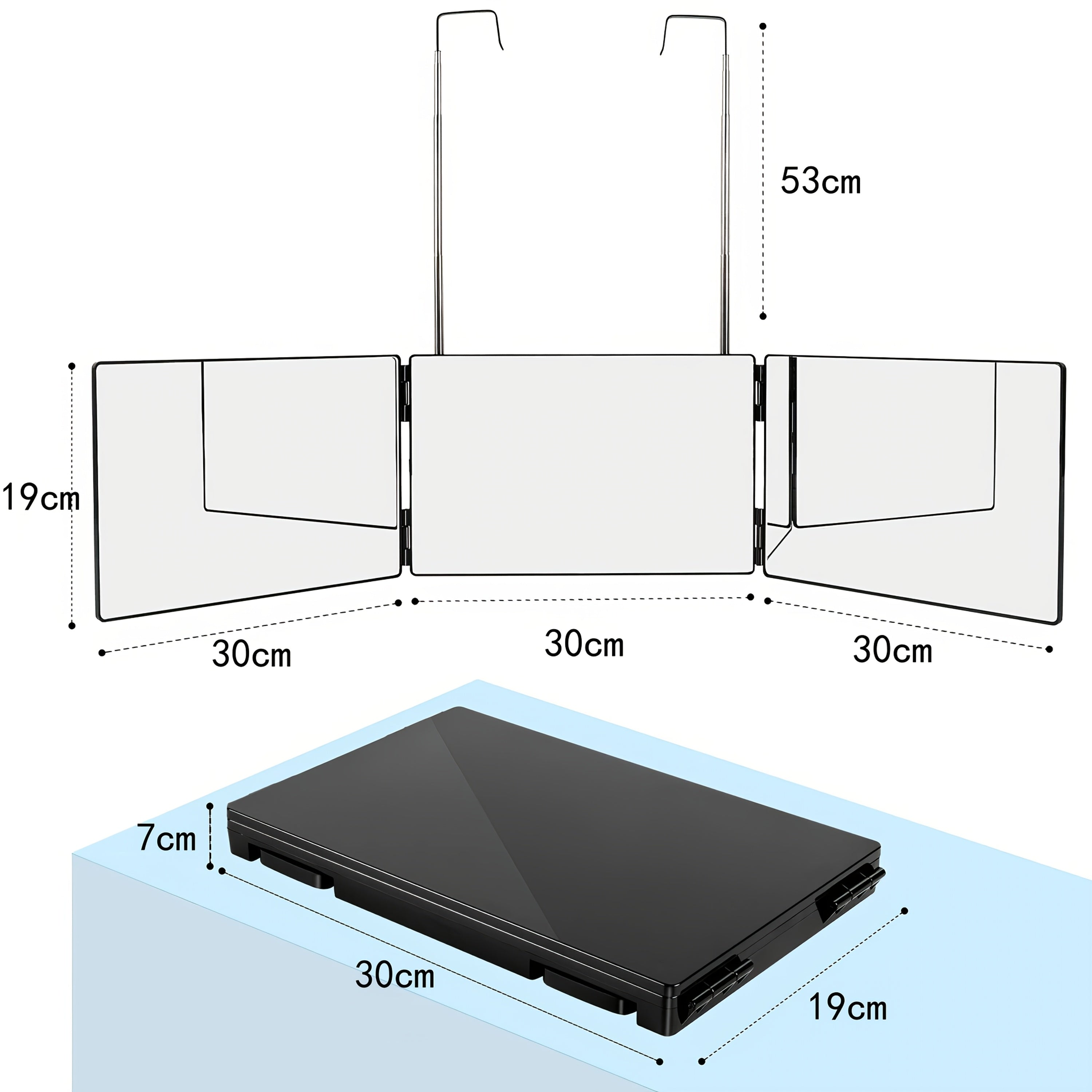 Espejo de tocador plegable de 3 secciones, vista ajustable de 360 grados, ganchos telescópicos, vidrio templado de 30X19 cm, marco de ABS, portátil y plegable para corte de pelo, peinado, afeitado