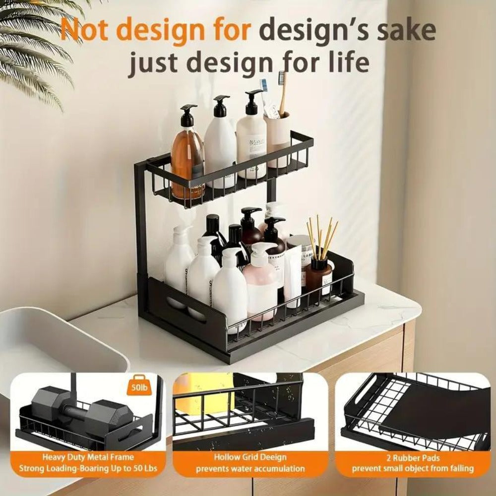 2 estantes metálicos para fregadero, estantes de almacenamiento de gabinete de 2 pisos con cajones deslizantes, gabinetes de almacenamiento extraíbles para fregadero, cocina, baño, despensa, estantes multiusos para fregadero, organizadores debajo del freg