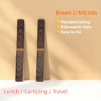 Juego de utensilios de viaje marrones de 2/4/8 juegos | Cubiertos para camping al aire libre | Utensilios reutilizables para el almuerzo en la oficina | Tenedor de mesa portátil y cubiertos con mangos de plástico con grano de madera | Regalos de Navidad p