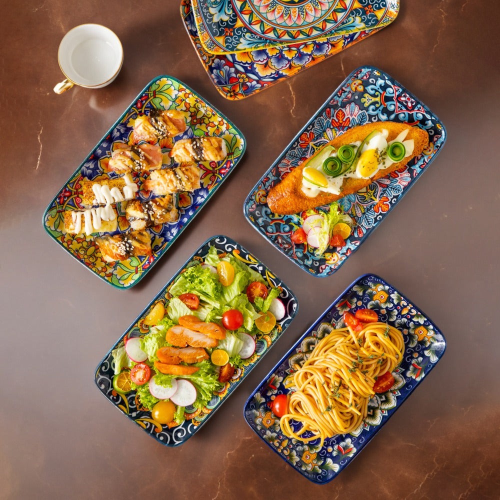 Platos de ensalada rectangulares de cerámica de 8,5 pulgadas (21,59 cm), platos de cena, platos de postre de pasta para aperitivo, sushi, frutas - Seguros para microondas/lavado a mano, juego de 6, regalos creativos para vacaciones