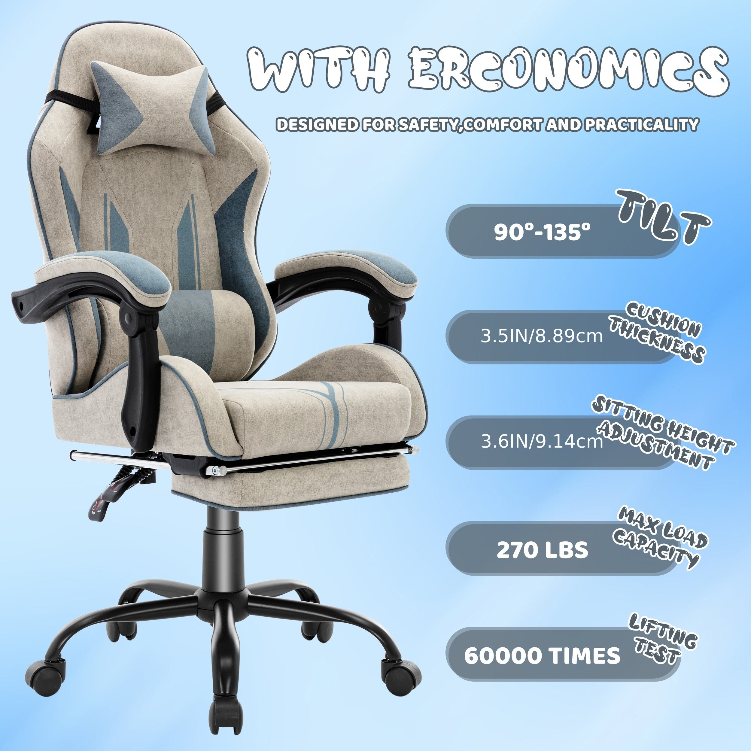 Silla Gaming Ergonómica con Reposapiés y Soporte Lumbar Ajustable, Ideal para Adultos en la Oficina en Casa o Configuración de Gaming - Color Gris