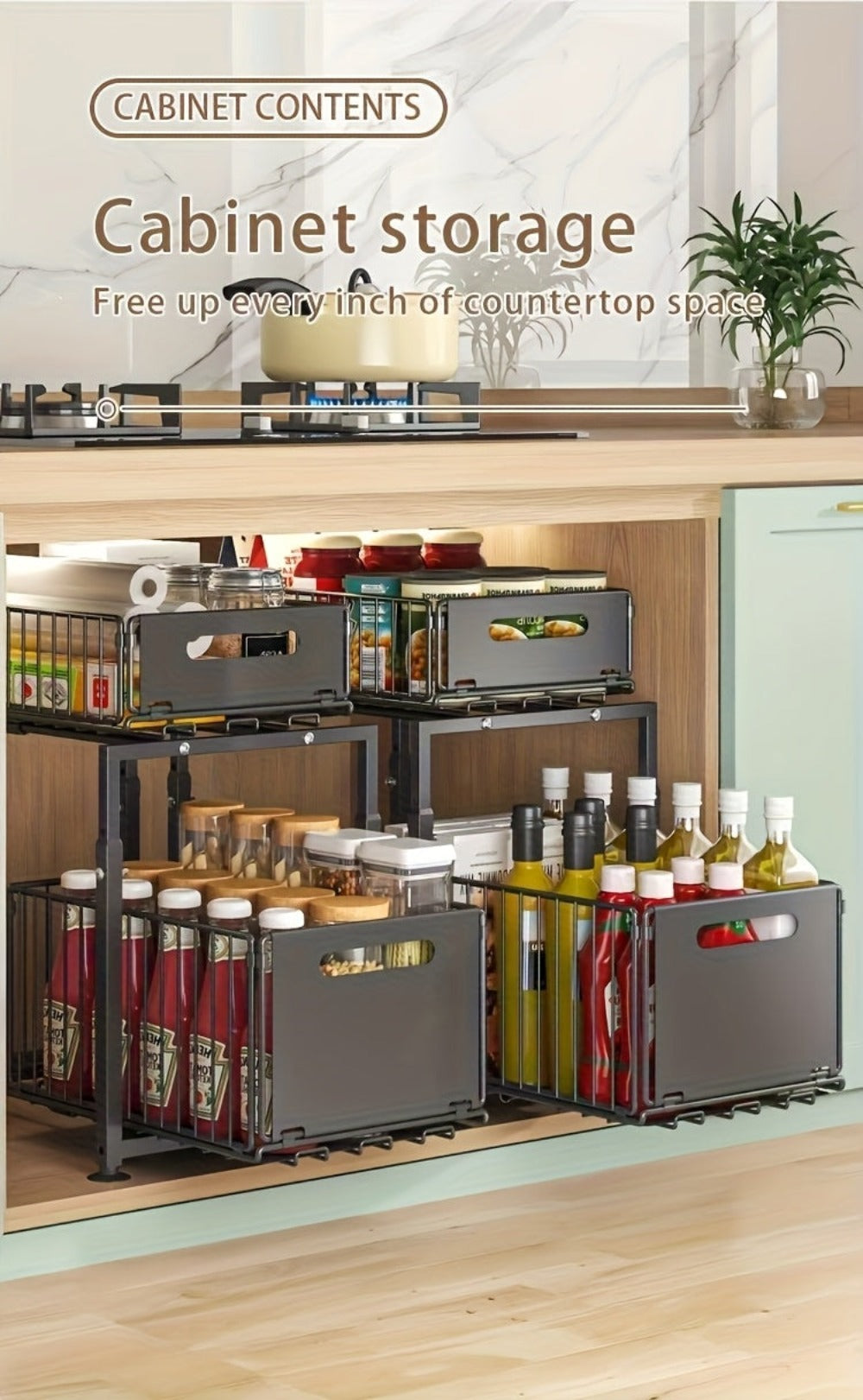 Organizador de 2 Niveles Extraíble para Debajo del Fregadero - Estante Deslizante de Acero al Carbono de Altura Ajustable, Estantería de Armario de Acero Pulido de Fácil Instalación para Cocina Baño Despensa Armario, Utensilios Modernos, Acabado Metálico,
