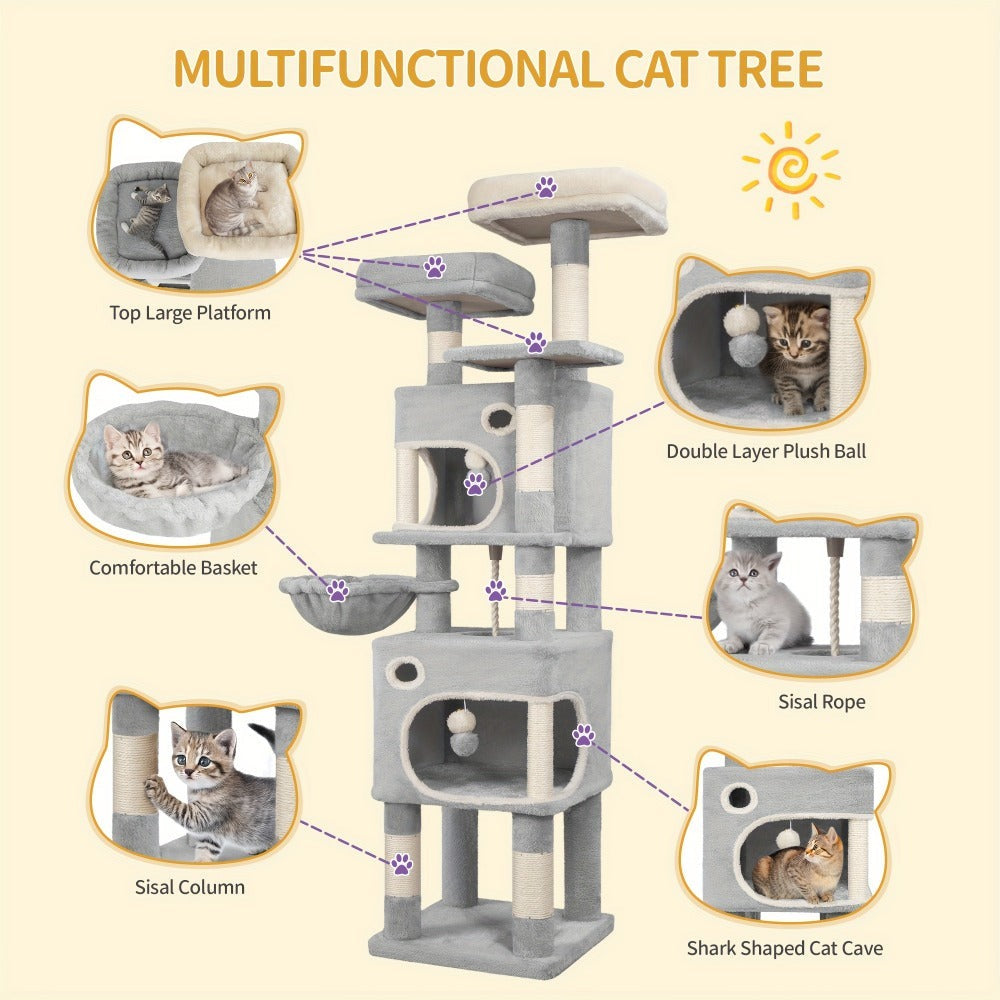 Árbol para gatos de 159 cm con 8 rascadores, 3 plataformas, 2 cuevas, cesta, pelotas de felpa, cuerda de sisal, adecuado para gatos de varios tamaños, gris claro/gris oscuro