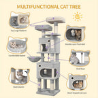 Árbol para gatos de 159 cm con 8 rascadores, 3 plataformas, 2 cuevas, cesta, pelotas de felpa, cuerda de sisal, adecuado para gatos de varios tamaños, gris claro/gris oscuro