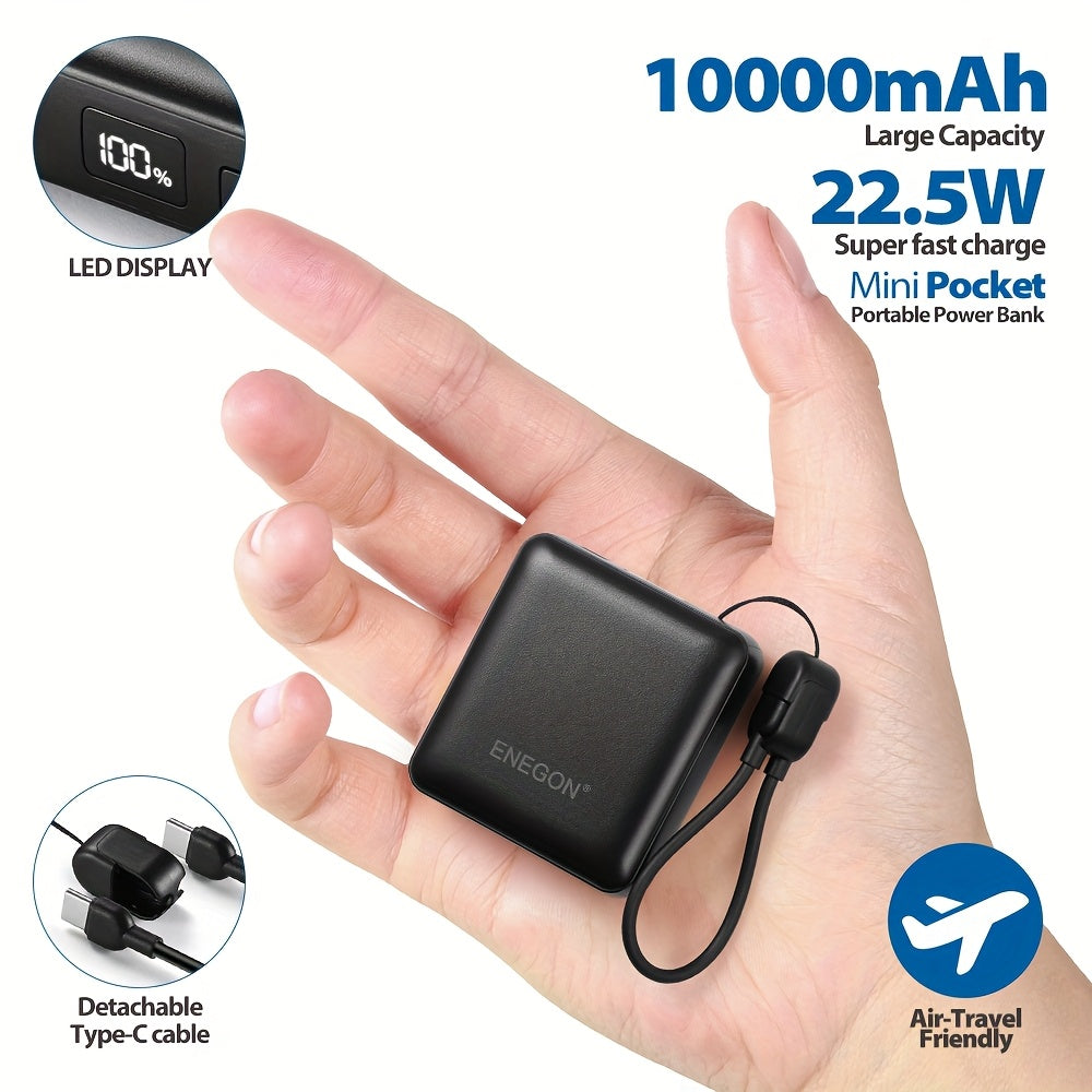 Banco de energía mini ultracompacto de 22.5W y 10000mAh con cable USB-C incorporado, cargador portátil con pantalla digital LED, paquete de batería de carga rápida para iPhone 16/15/14/13 Pro/Samsung/teléfono Android, batería externa de respaldo de tamaño