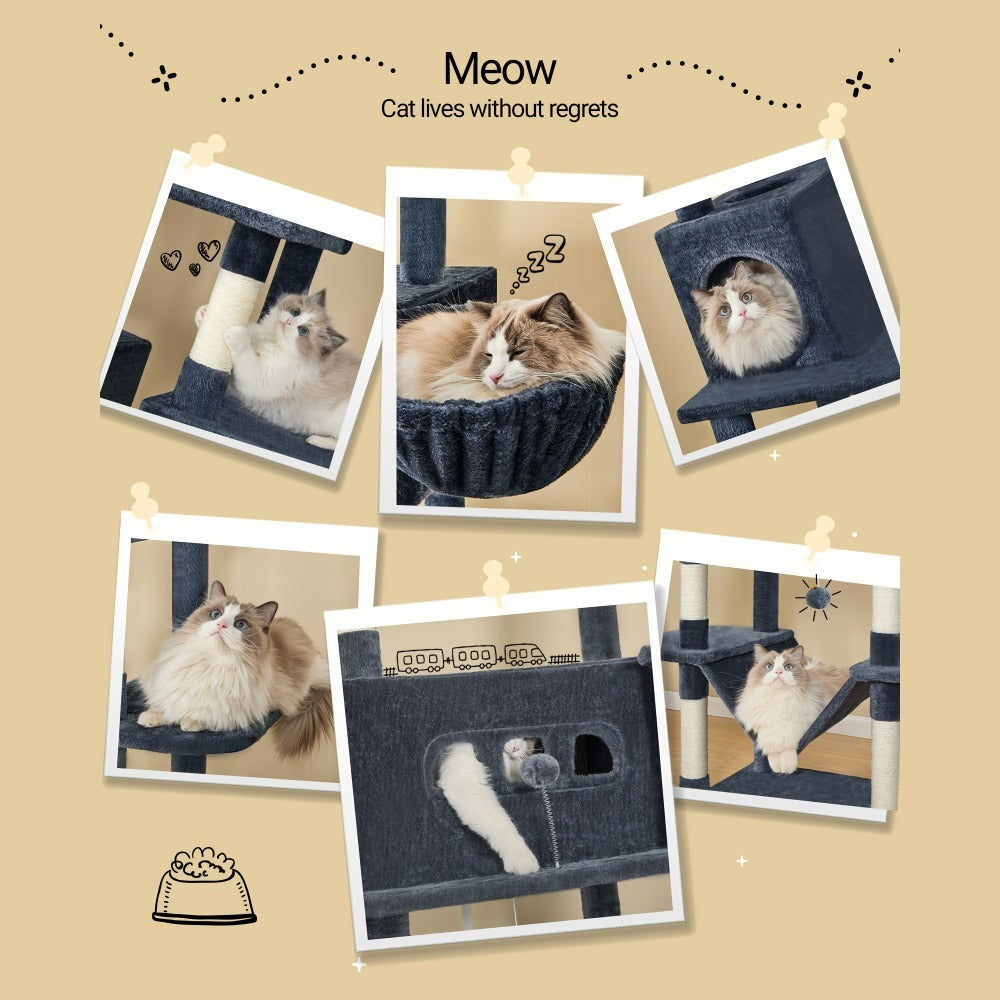 Rascador grande, árbol para gatos de 210 cm, con 8 postes rascadores, posadero, 2 cuevas, tapete lavable, hamaca, pelotas de felpa, rascador de varios pisos para gatos grandes, gris claro, gris oscuro