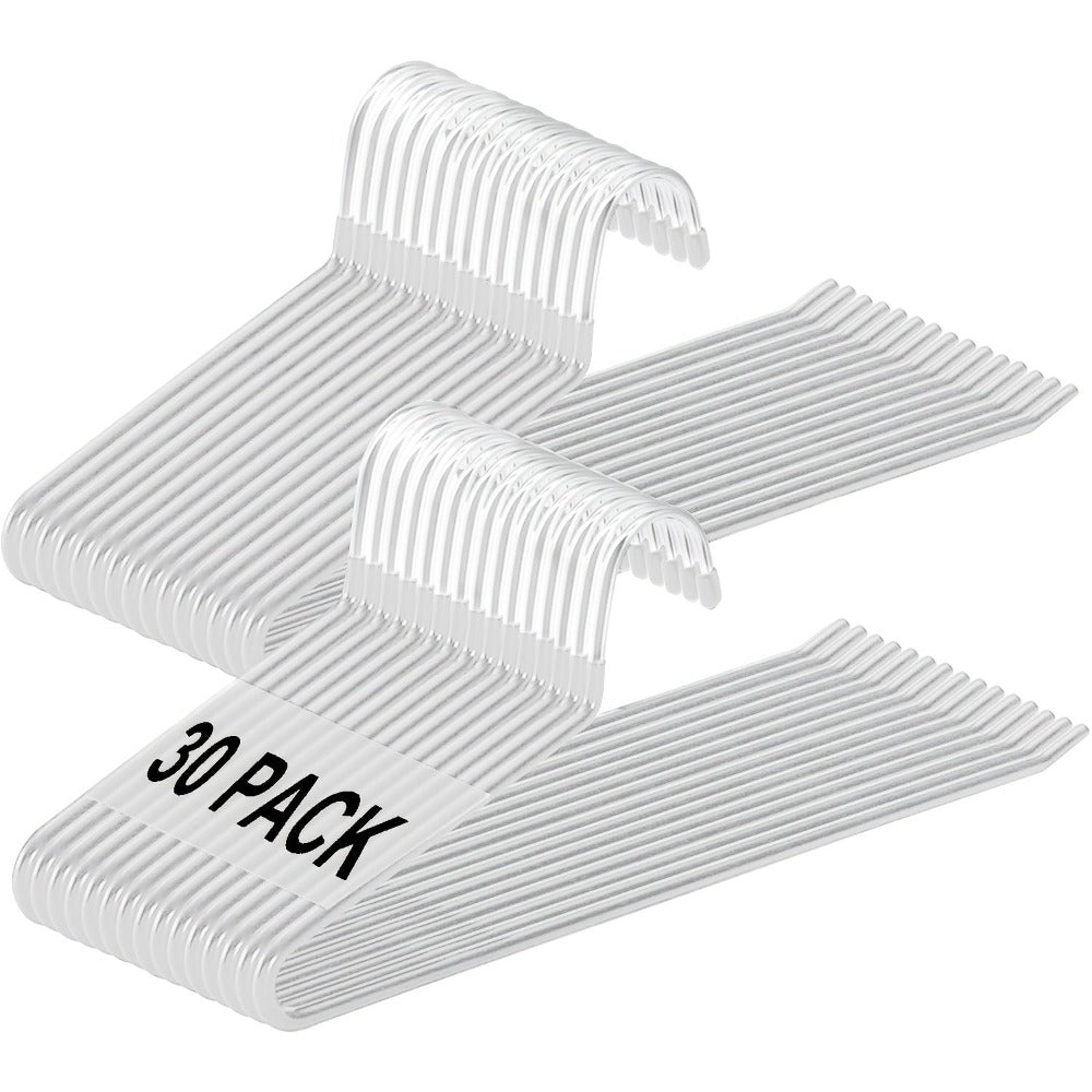 Una colección de 30 perchas doradas antideslizantes diseñadas para pantalones, con un diseño abierto que ahorra espacio. Estas perchas versátiles son ideales para sujetar pantalones, bufandas, jeans, toallas y más, disponibles en negro, blanco y gris.