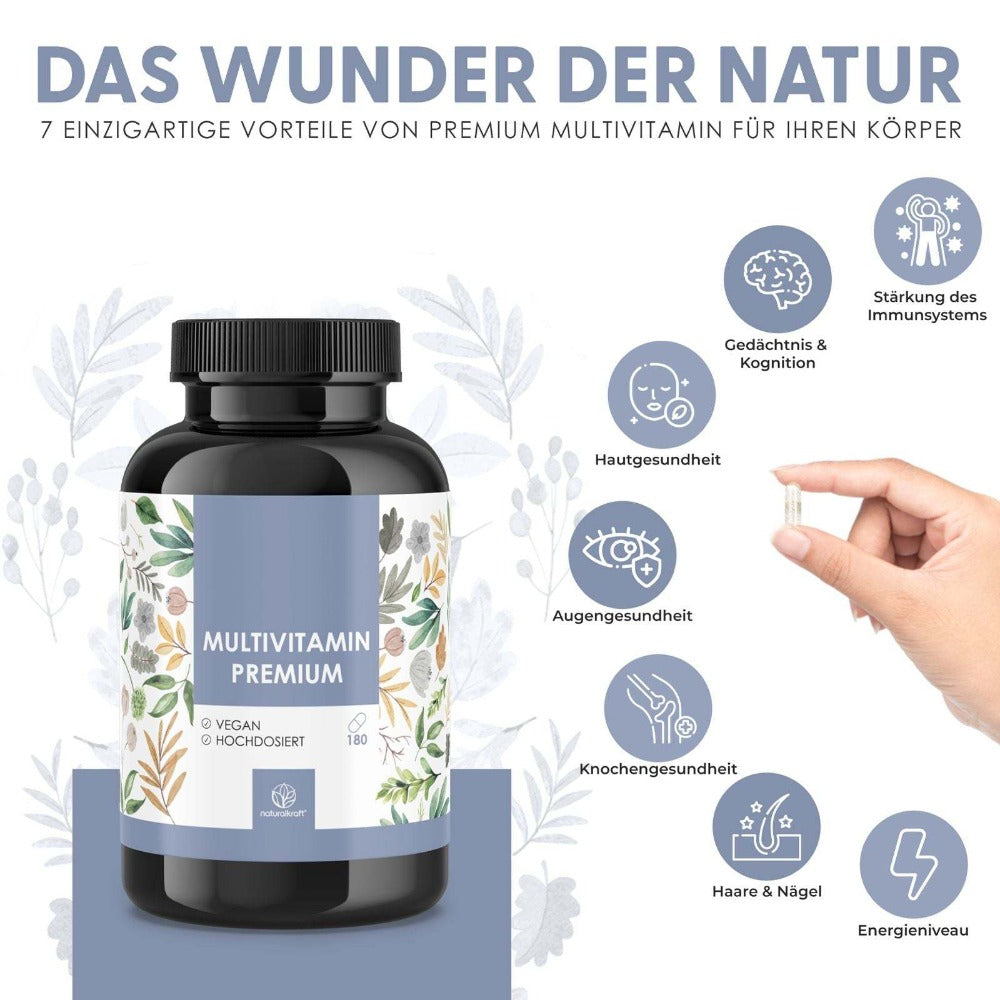 NATURALKRAFT® Multivitamínico Premium – Complejo A-Z de Alta Dosis con 180 Cápsulas Veganas, Vitaminas y Minerales Esenciales Incluyendo Vitamina C, D3, B12, Zinc, Magnesio y OPC – Probado en Laboratorio