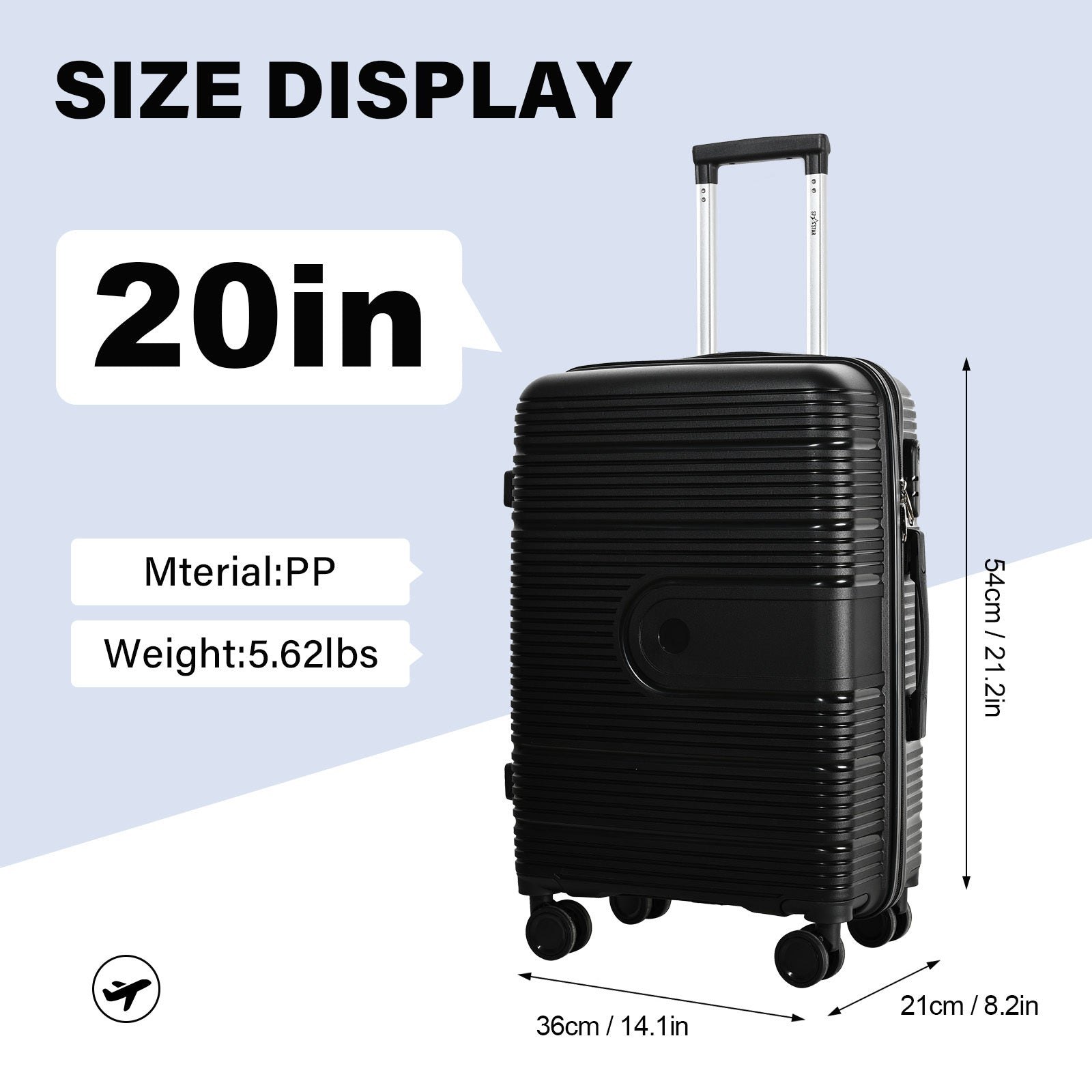 1 pieza de equipaje de PP resistente de 20 pulgadas, duro y suave, con ruedas giratorias de 360°, cerradura con contraseña y estilo TSA, asa extensible, cremallera suave y bolsillos de malla - Adecuado para equipaje de mano en aviones, trenes y viajes