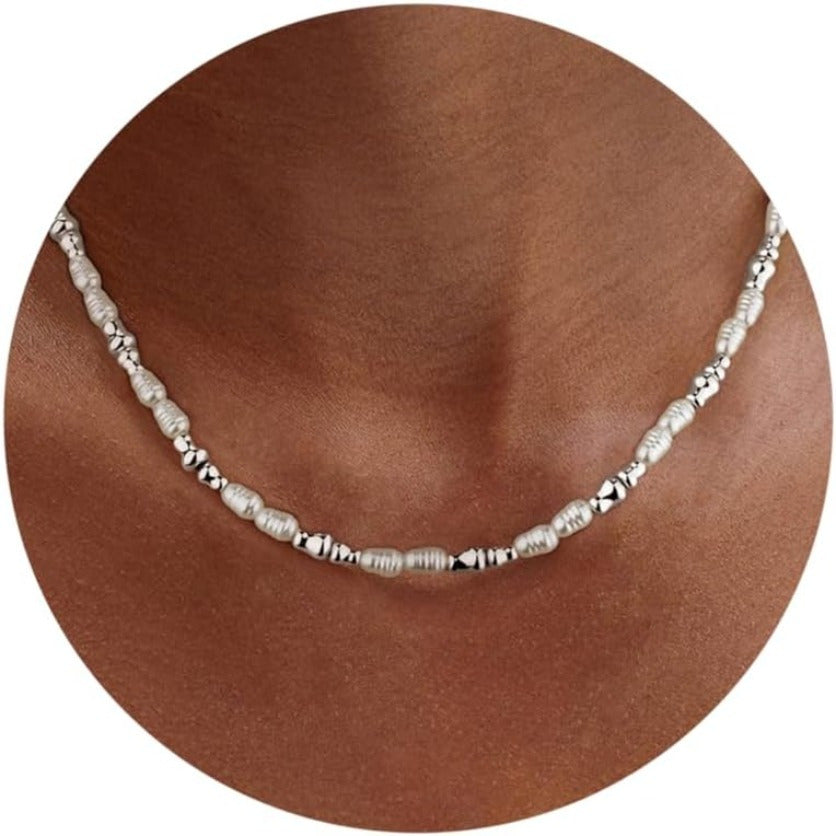 Collar de Perlas Imitación para Mujer, Collar Dorado y Plateado con Choker Irregular de 4x6mm en Forma Inusual Ideal para Bodas, Graduaciones o Bailes; Joyería Regalo, 40+5cm