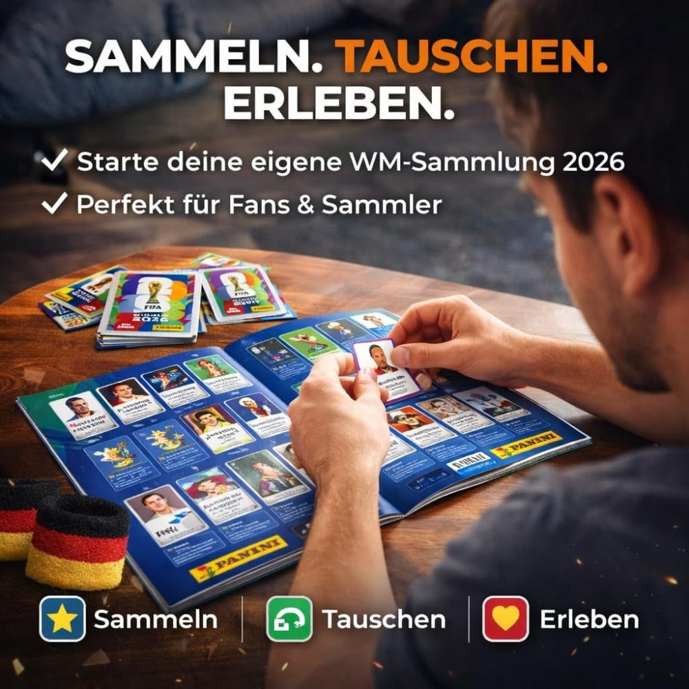 Set de coleccionista TK XXL Copa del Mundo 2026 – Álbum de pegatinas Panini con pegatinas, calendario de partidos y 3 pulseras de Alemania