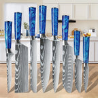 Juego de 8 cuchillos, perfecto para uso en la cocina, con hojas de acero inoxidable ultra afiladas para un rendimiento duradero. Disponible en azul, verde, negro y morado, viene con una funda de nailon para un almacenamiento y transporte convenientes
