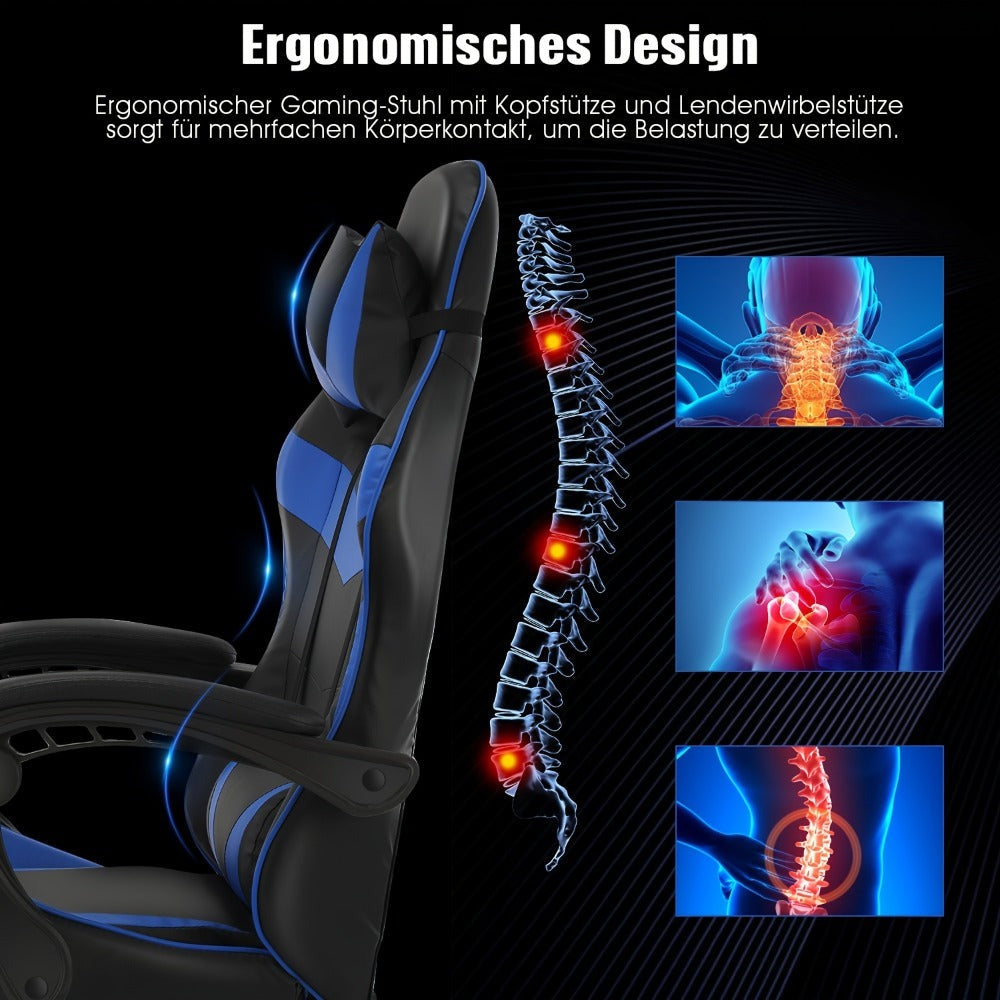 Silla Gaming con Reposapiés, Silla Gaming Ergonómica, Silla de Ordenador con Soporte Lumbar, Reposacabezas, Sillas de PC Ajustables en Altura con Asiento Giratorio de 360° para Oficina o Gaming