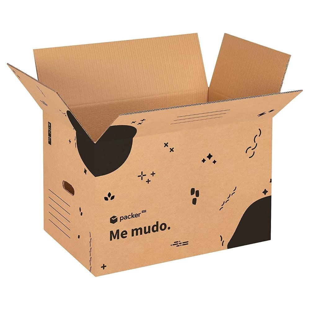 Caja Cartón para Mudanzas y Almacenaje Ultra Resistentes con Asas, Cartón Resistente de Máxima Durabilidad, Tamaño Ideal para Mudanzas y Almacenaje de Libros, Objetos y Ropa, Asas Laterales para Manejo Fácil y Seguro - packer PRO