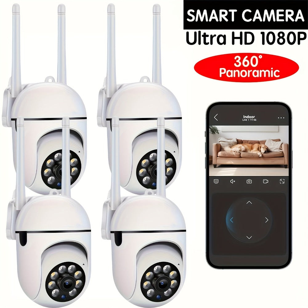 4 cámaras de seguridad inalámbricas Wifi 1080P HD con la APP Ease Life, para interior/exterior, visión nocturna a color, audio bidireccional, giro/inclinación/zoom de 360°, seguimiento y detección de movimiento para seguridad en el hogar, foco y sirena, a