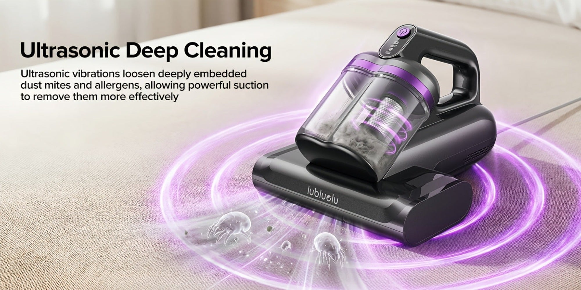 Aspiradora Lubluelu para ácaros del polvo de colchón, aspiradora de cama 3 en 1 con motor de 350W, succión de 24kPa, flujo de aire de 100AW, eliminación de ácaros con tecnología de ondas de sonido, cepillo giratorio, secado con aire caliente, depósito de