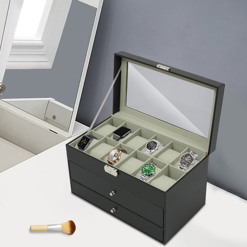 Caja de Joyería, Estuche de Almacenamiento de Joyería con 2 Cajones, Organizador de Joyería de 3 Niveles, Estuche de Reloj con 12 Ranuras, Gabinete de Joyería de Escritorio para Pendientes y Anillos, Gran Regalo, Negro
