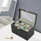 Caja de Joyería, Estuche de Almacenamiento de Joyería con 2 Cajones, Organizador de Joyería de 3 Niveles, Estuche de Reloj con 12 Ranuras, Gabinete de Joyería de Escritorio para Pendientes y Anillos, Gran Regalo, Negro