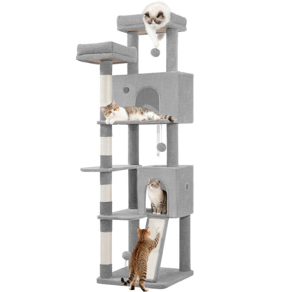 Fobyfurny Árbol para Gatos, Torre de 178cm para Gatos de Interior, Marco de Escalada para Gatos de Múltiples Niveles con Postes Rascadores, Tabla Rascadora, 2 Condominios Cómodos, 2 Perchas, Pompones, Lugar de Descanso