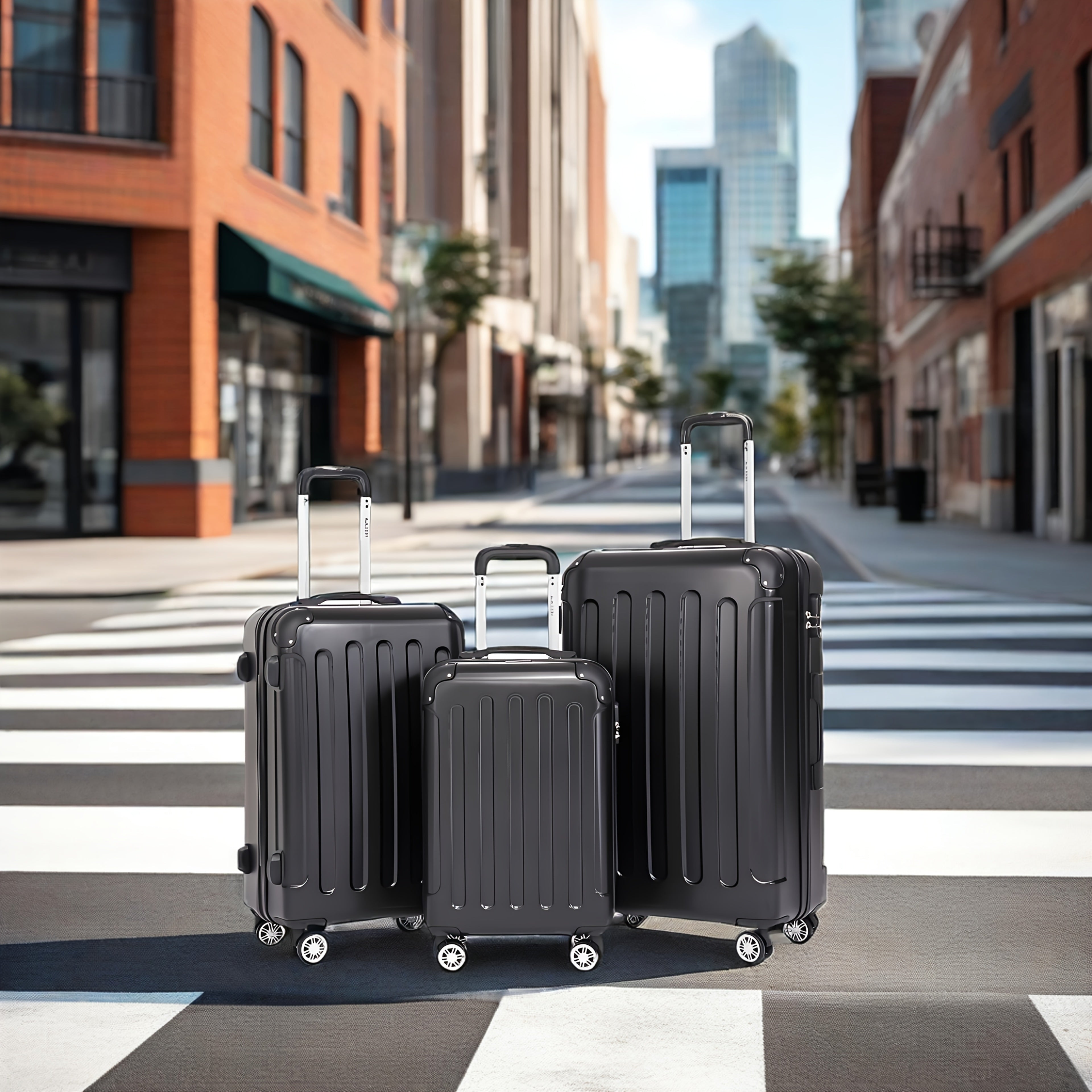 Un conjunto de tres maletas, incluyendo una maleta de mano de 20 pulgadas para viajes, con cerradura de contraseña y ruedas giratorias de 360 grados, que consta de tamaños mediano, grande y extra-grande