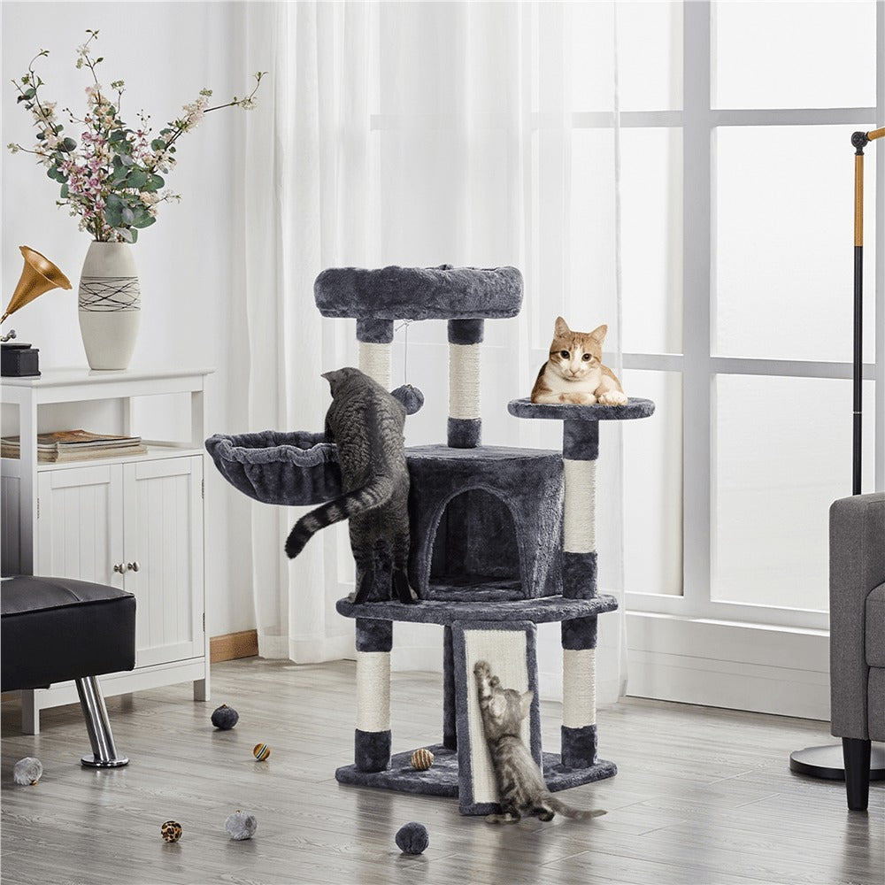 Costoffs Árbol para gatos de 107 cm con plataforma de observación, cueva para gatos, 5 postes de sisal, cueva de descanso, rascador y bola de felpa colgante, mueble para gatos