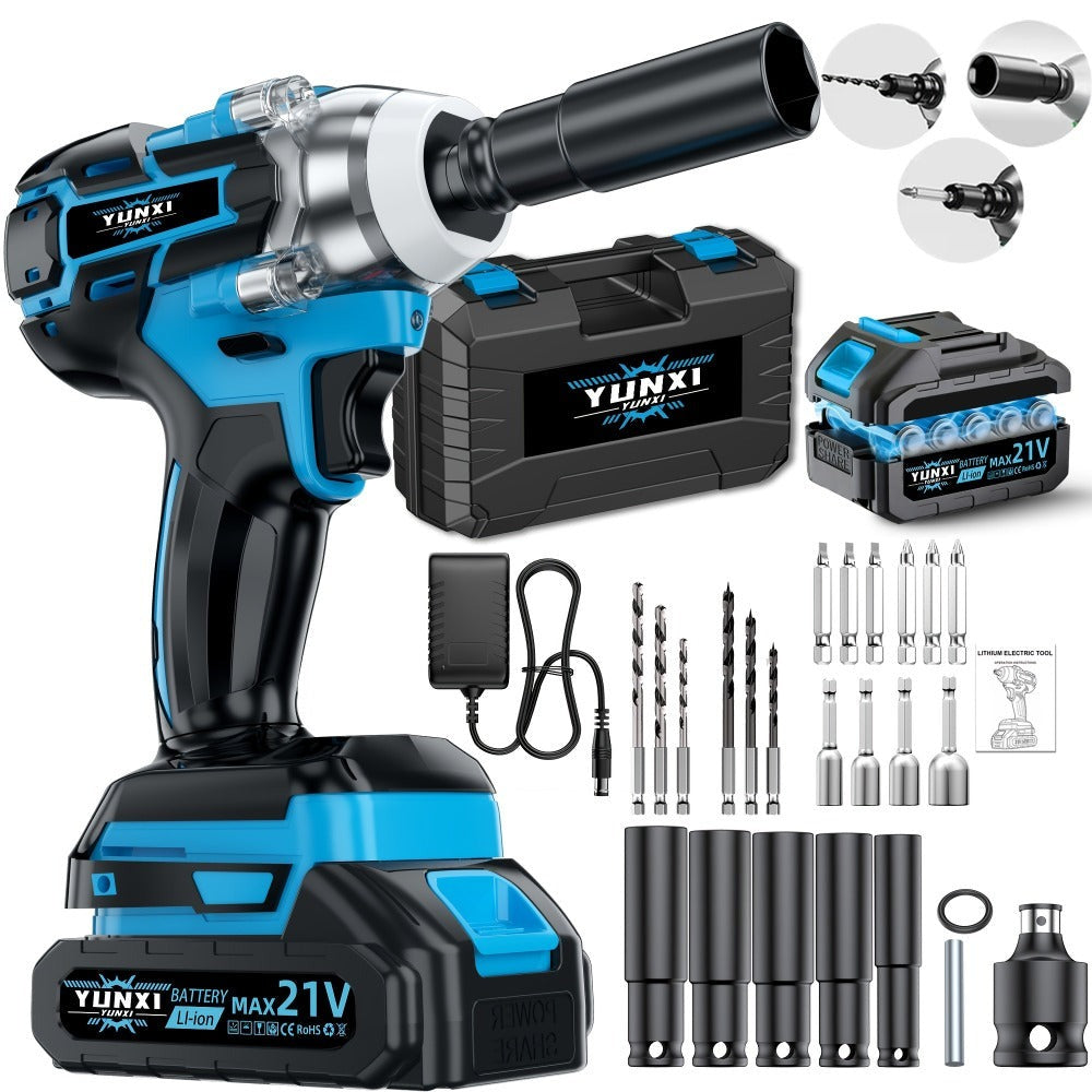 Llave de impacto eléctrica sin escobillas de alto torque, llave inalámbrica con batería de litio, kit eléctrico multifuncional opcional, agarre ergonómico, herramienta profesional portátil, adecuada para reparación de automóviles y juego de herramientas p