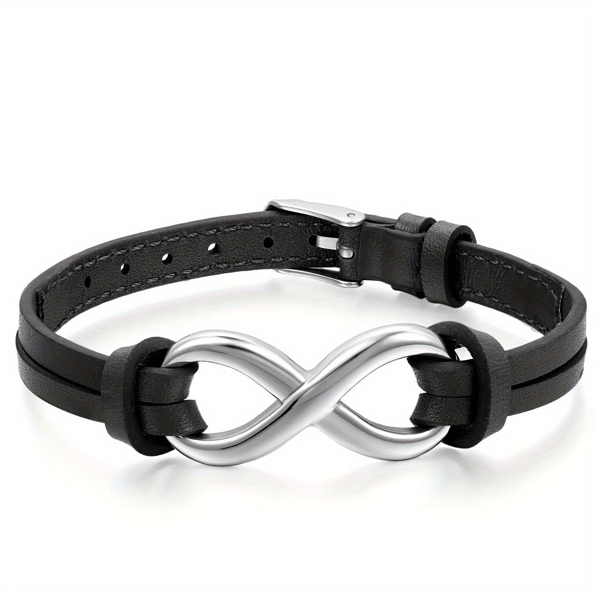 Pulsera JewelryWe de cuero sintético con dije de amor infinito de acero inoxidable para hombre y mujer, ajustable 17.78-21.08 cm