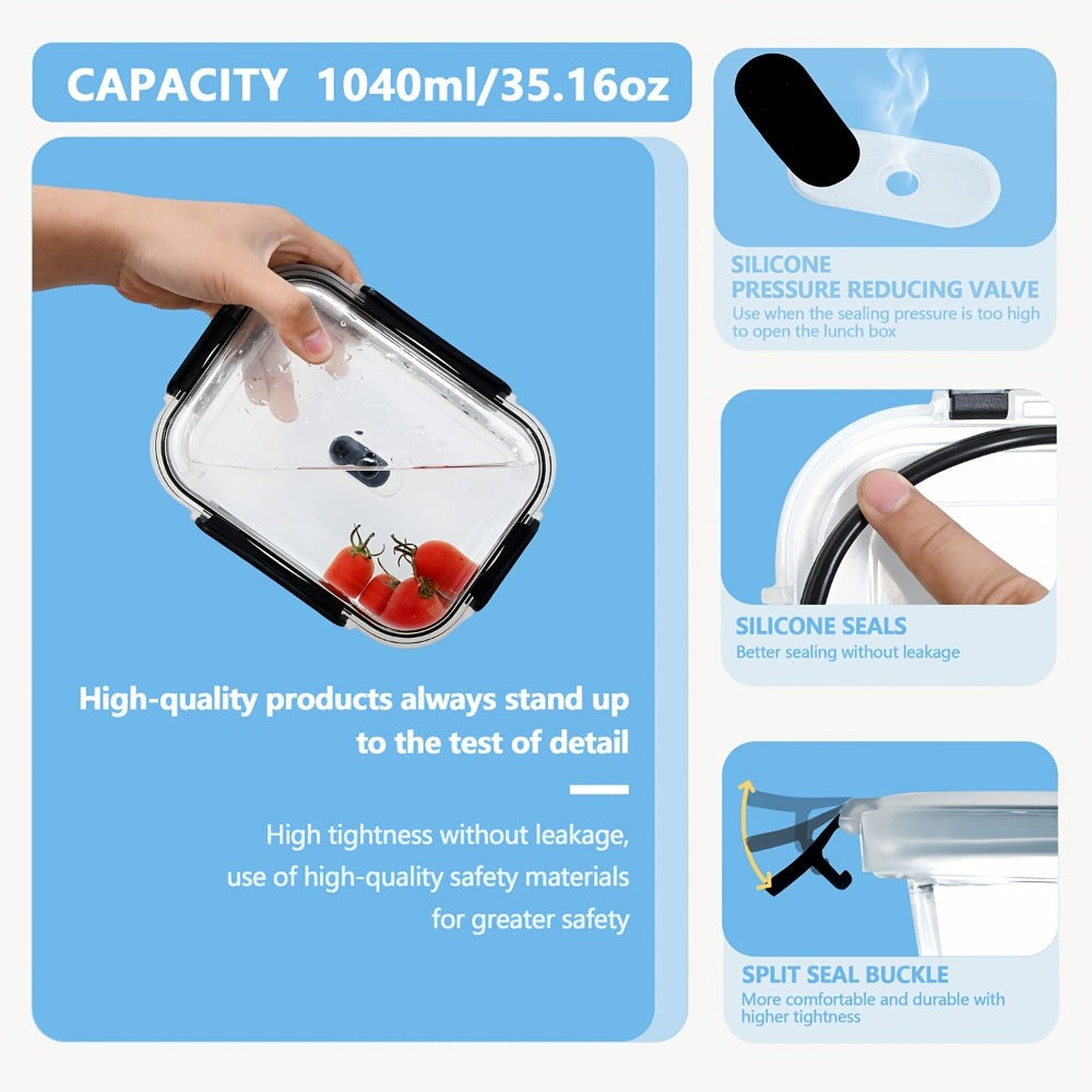 6 Piezas de Recipientes para Alimentos con Tapas, Herméticos y con Válvula de Vapor, Contenedores de Vidrio de 1040ml para Cocina,
