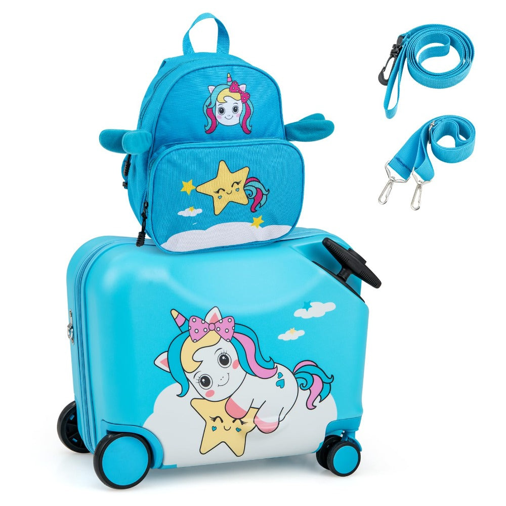 Maleta para niños de 2 en 1 + mochila, trolley de 12"+18" para niños con ruedas y carcasa dura impermeable, equipaje para niños, maleta con ruedas y mochila para niños y niñas (Unicornio azul)