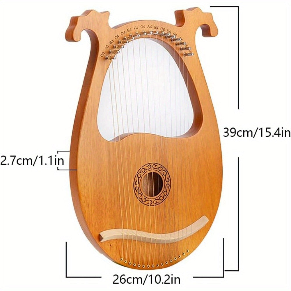 Arpa YIFEICT, Instrumento de Cuerda de Caoba Maciza, Arpa Lira Portátil de 16 Cuerdas, Arpa Lyra Instrumento Vintage, Caoba, Juego de Llaves de Afinación de 16 Cuerdas de Acero (Color de Madera con Patrón Europeo)