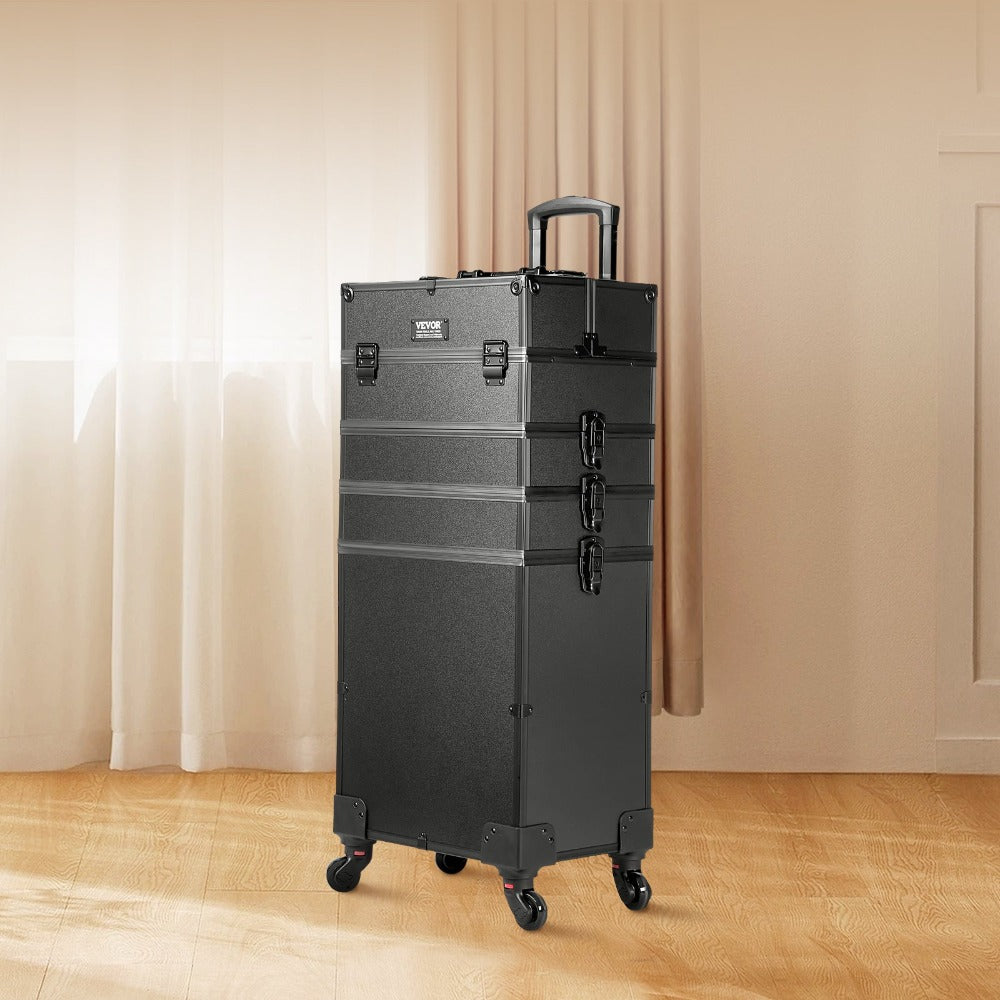 VEVOR 5 en 1 Maleta profesional de maquillaje de aluminio, maleta de maquillaje con ruedas extra grande, organizador de viaje de maquillaje con ruedas giratorias de 360° y palanca ajustable, negro