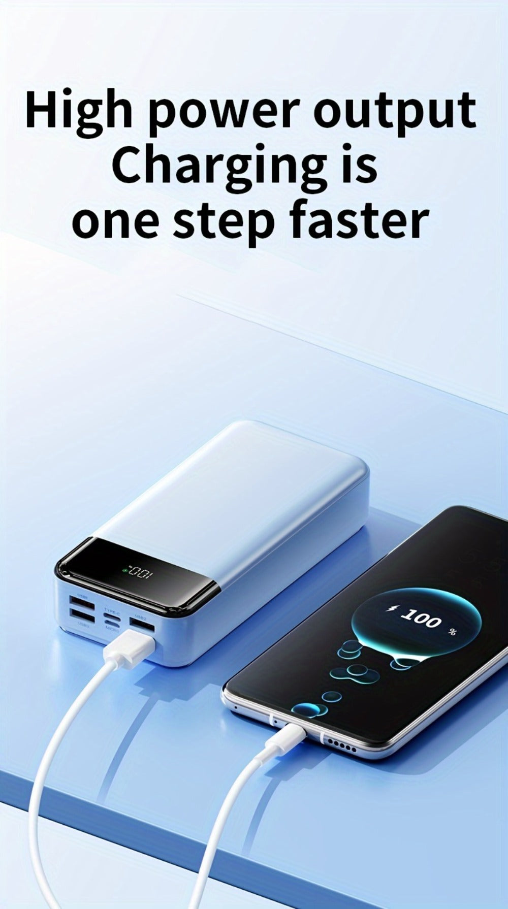 Power Bank de Alta Capacidad 50000mAh con Carga Súper Rápida, Interfases USB/Type-C/Micro, Equipado con Lámpara LED y Pantalla de Nivel de Batería. Adecuado para Cargar Rápido iPhone y Dispositivos Android. Fuente de Energía de Emergencia
