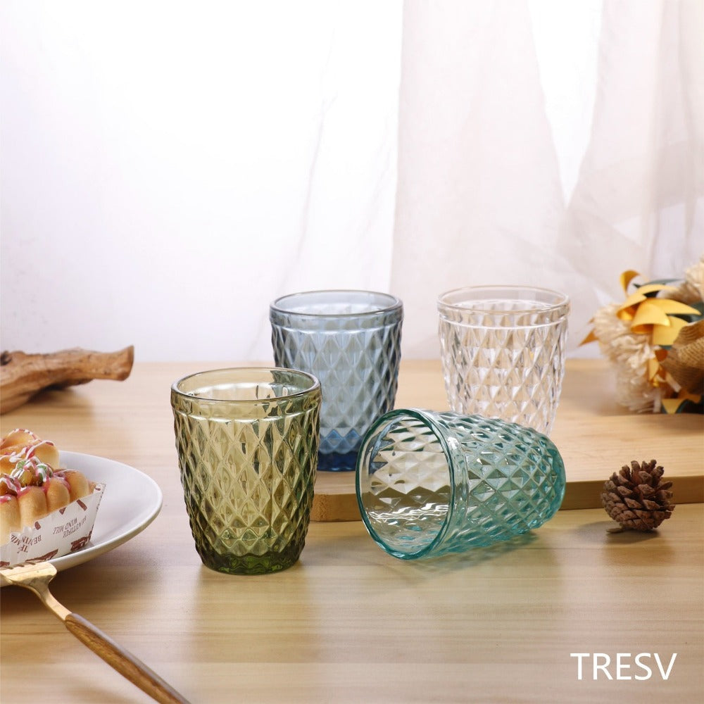 TRESV Set de 6 Vasos de Cristal 250ml | Diseño de Diamante Elegante | Aptos para Lavavajillas | Vidrio Sin Plomo para Agua y Refrescos