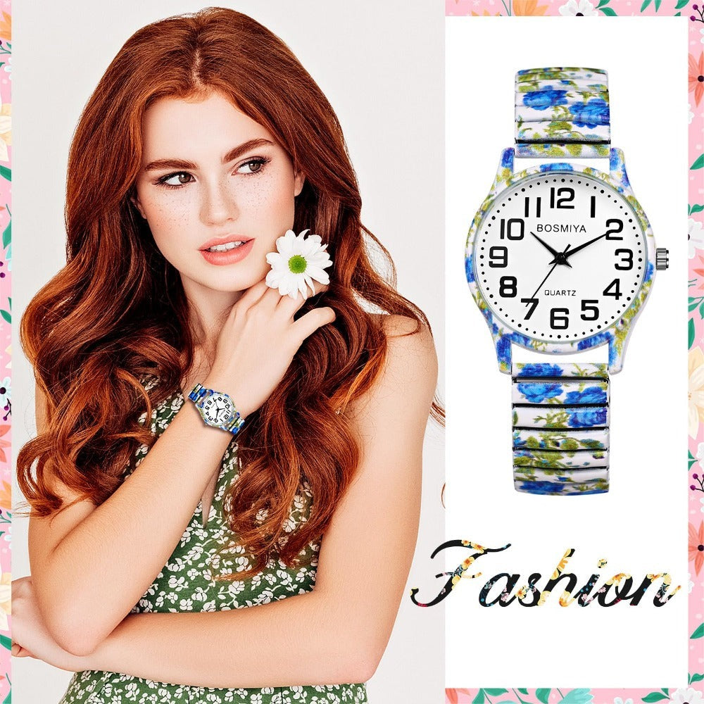 Reloj Elástico de Estilo Bohemio para Mujer: Un Reloj de Pulsera de Cuarzo con Diseño Floral, Banda Elástica de Acero Inoxidable y Esfera de Números Grandes, Perfecto Como Regalo de Cumpleaños o Navidad