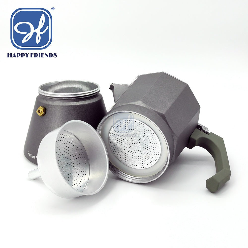 Cafetera Italiana Espresso de Aluminio para Inducción Vitro Gas Eléctrica. Cafetera de distintos tamaños 6/9/12 Tazas - Happy Friends