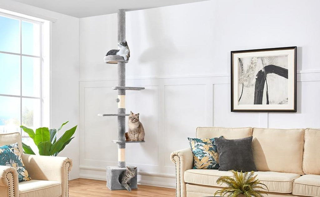 Árbol para gatos Costoffs de techo alto, altura ajustable de 226 cm a 266 cm, poste rascador multinivel con cama para gatos, plataformas y caseta