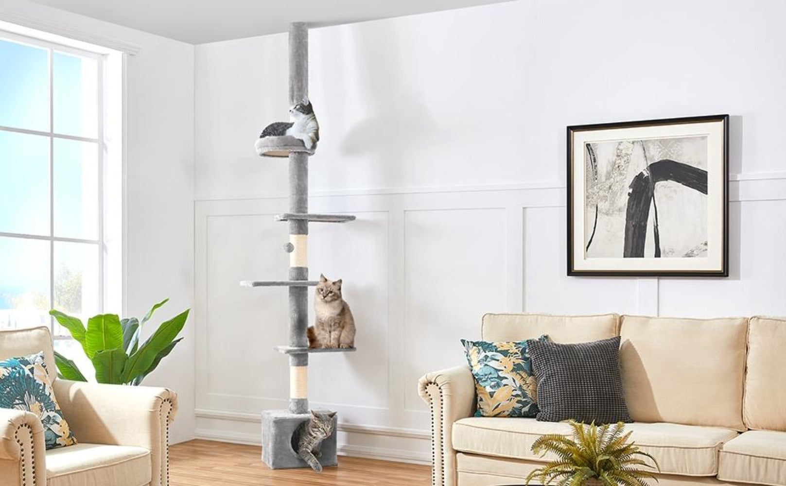 Árbol para gatos Costoffs de techo alto, altura ajustable de 226 cm a 266 cm, poste rascador multinivel con cama para gatos, plataformas y caseta