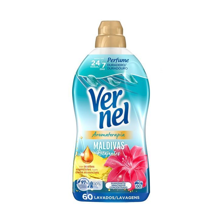 Paquete de 4 suavizantes de tela Vernel de aromaterapia para 4*60 lavados (Maldivas-Delicado, Lirio Irresistible, Té Blanco/Té) - Paquete de 4 suavizantes de tela Vernel de aromaterapia Cielo Azul para 4*55 lavados - Paquete de 4 suavizantes de tela Verne