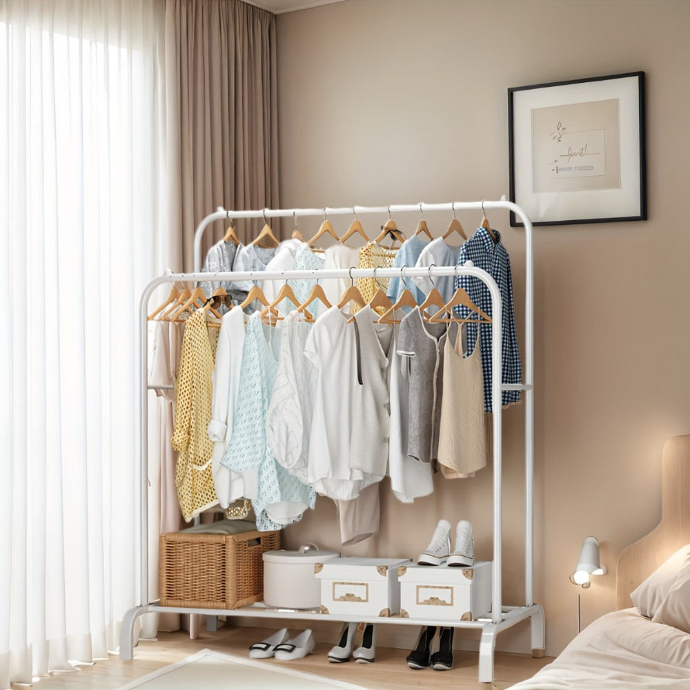 Perchero de pie de 1 pieza con doble barra, multifuncional para dormitorio, organizador de almacenamiento para armario, hogar, vestidor, apartamento de alquiler