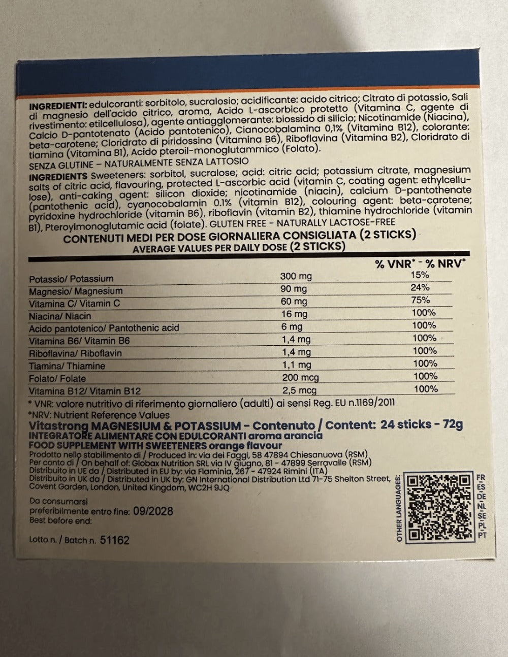Vitastrong Magnesio y Potasio Fórmula 10 en 1, Sobres de Suplemento Multivitamínico de Potasio y Magnesio, 24 Barras con Vitamina C y Complejo B, Sin Sacarosa, Sin Gluten, Sabor a Naranja