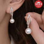 Pendientes de plata esterlina 925 para mujeres con perla de agua dulce – Elegantes pendientes colgantes de circonita, diseño moderno, ligeros y amigables con la piel, regalo de joyería para mujeres