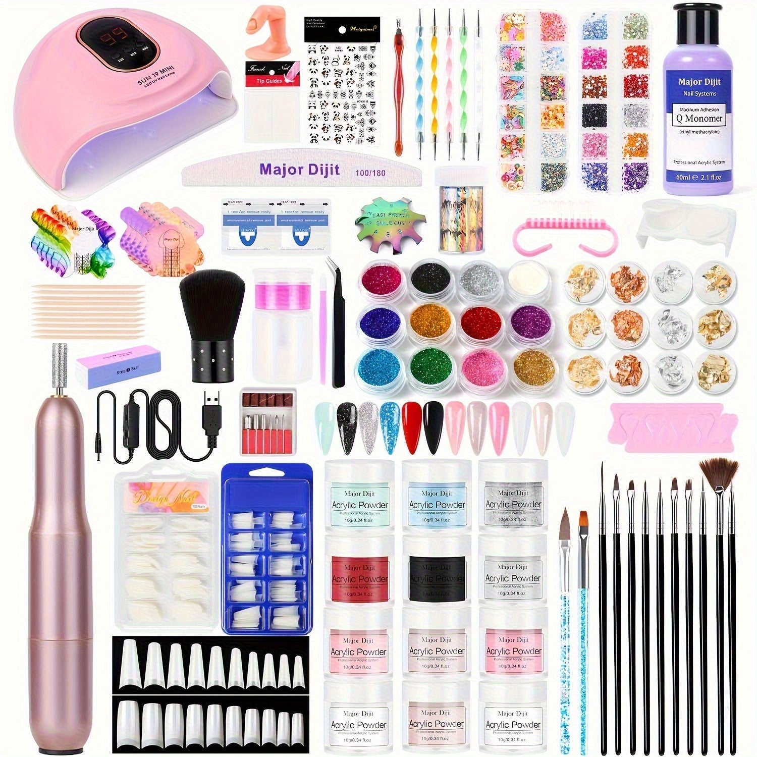 Set de estudio de uñas con máquina y lámpara - El set incluye polvo acrílico, corrector de imperfecciones, accesorios para arte de uñas, diseño de gel - Set completo para hogar y salón