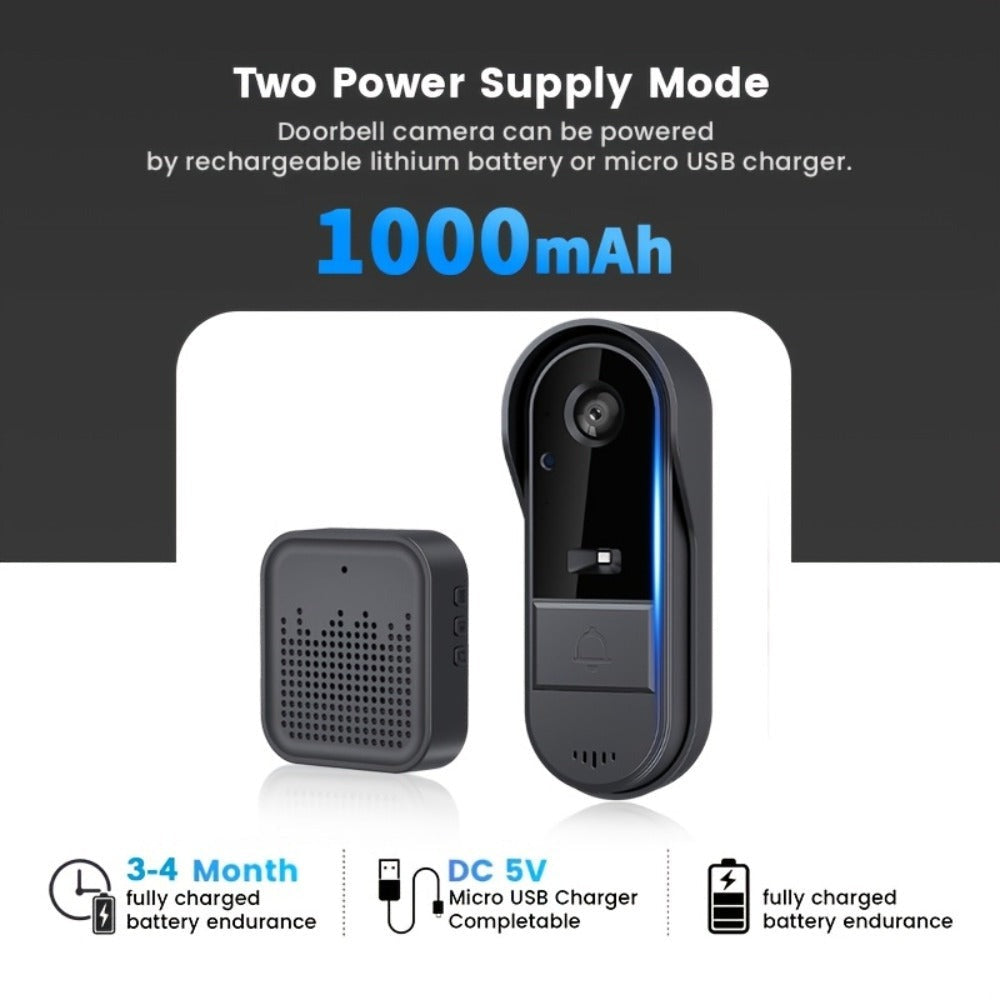 Cámara de Timbre WiFi Inalámbrica con Audio Bidireccional - Resolución HD, Timbre Visual WiFi con Cámara, Timbre Inteligente Inalámbrico Visual - Cámara de Timbre WiFi para Puerta, Visión Nocturna, Cambiador de Voz, Grabación de Fotos y Vídeos, Batería de