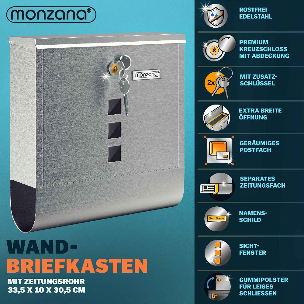 Buzón MONZANA® con Cerradura Cruzada, Cilindro de Cobre, Tapa Giratoria, 31x10x34 cm, Ventana de Visualización, Placa de Identificación, Compartimento para Periódicos, Fácil Instalación, Acero Aleado, 2 Llaves, Caja de Correo