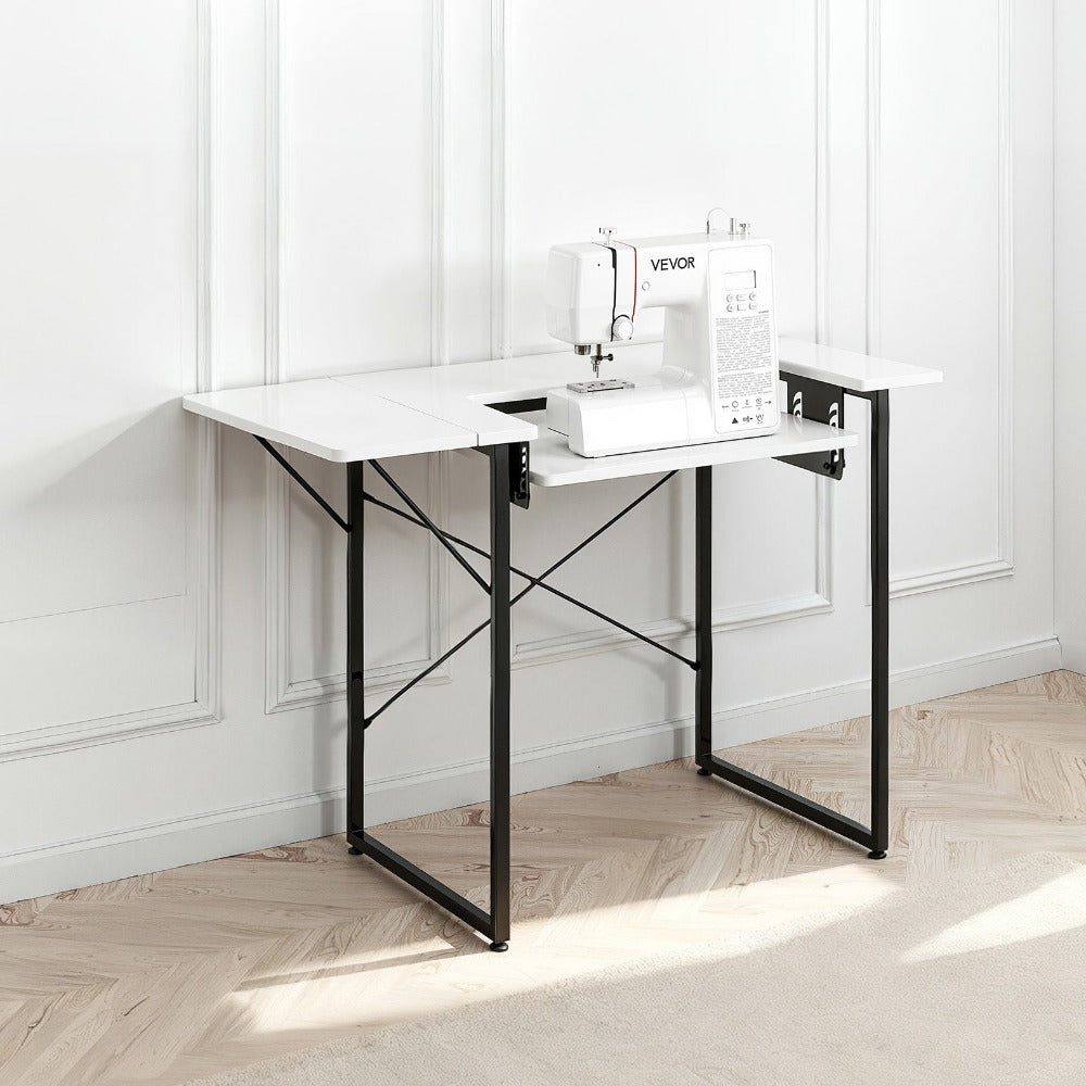 Mesa de Costura VEVOR, Mesa Multiusos para Máquina de Coser con Estante Lateral Plegable, Estante Ajustable, Patas de Acero, Escritorio para Computadora en Hogar, Estudio de Moda, Estudio de Arte, Institución Educativa, Blanco
