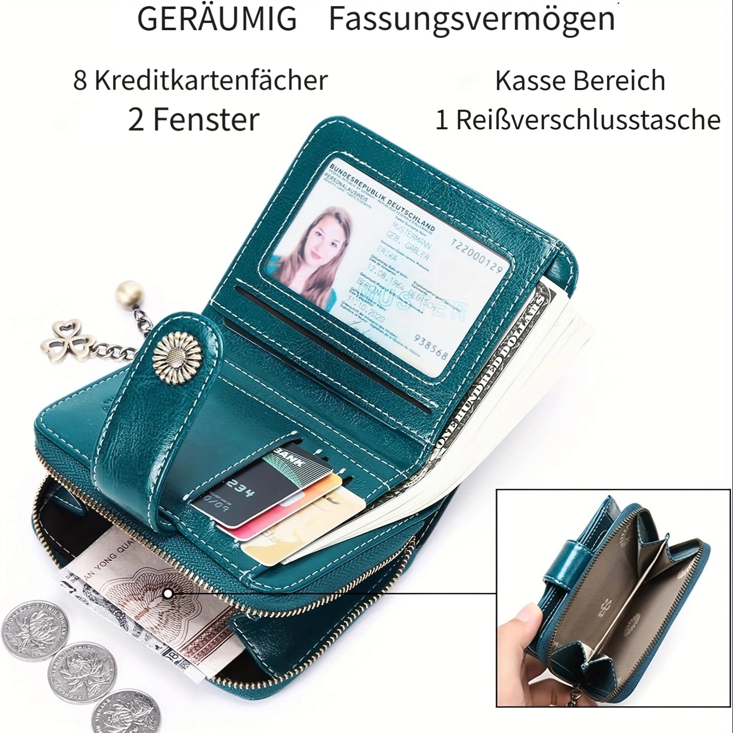 Billetera para mujer, protección RFID, billetera pequeña, multi-compartimento, bolso, monedero para mujer, billetera de cuero para mujer