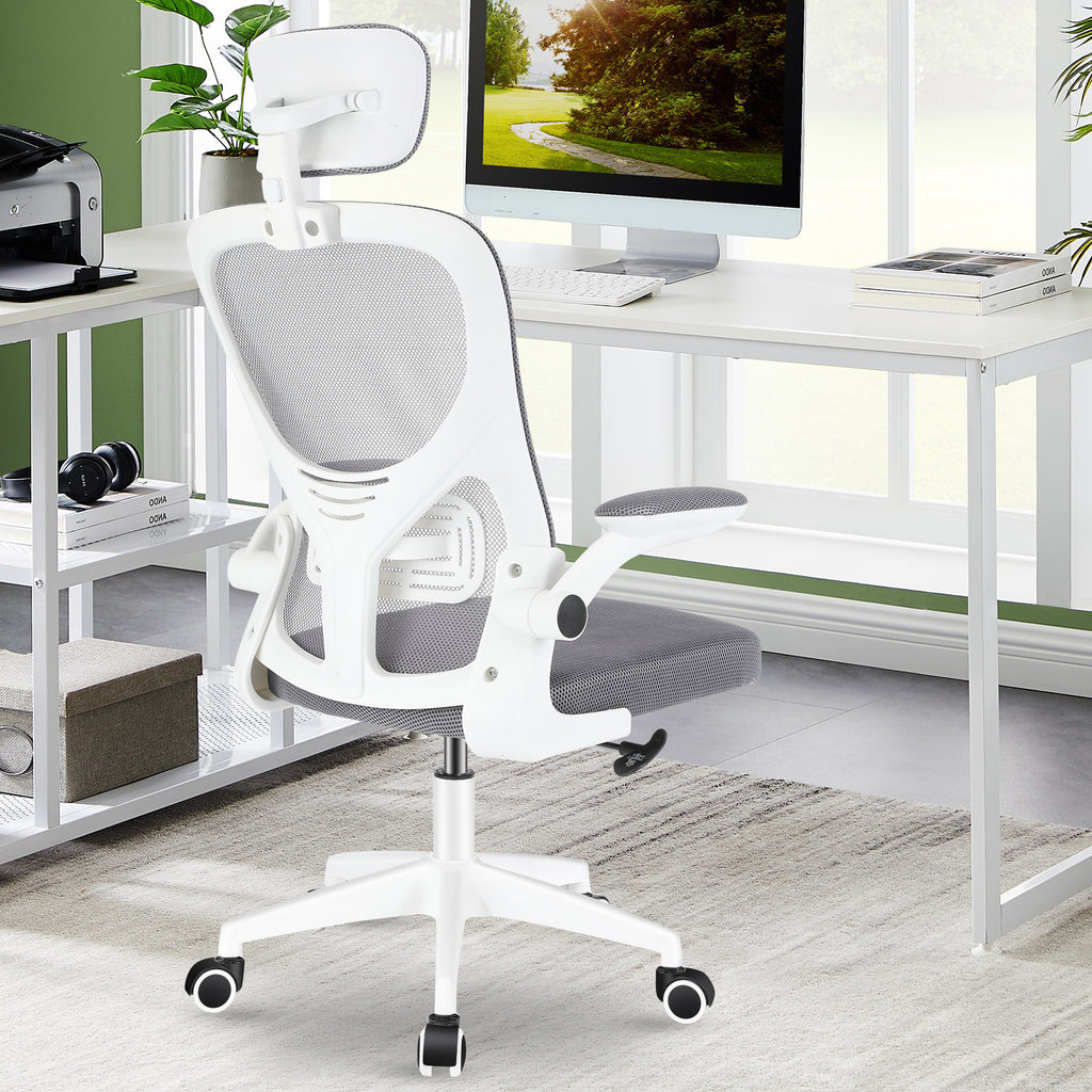 Silla de Oficina con Función de Inclinación de 105°, Silla de Oficina Ergonómica con Soporte Lumbar, Reposacabezas y Reposabrazos Ajustable, Silla Giratoria, Silla de Oficina de Altura Ajustable 120Kg, Blanca